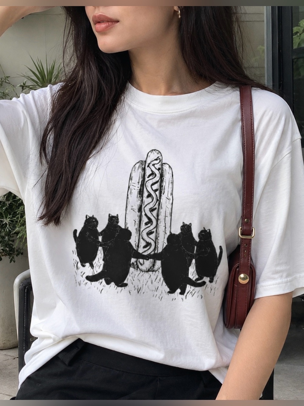 Black Cats Summoning Giant Hot Dog Funny Cute Animal Meme Graphic Tee
Shirt